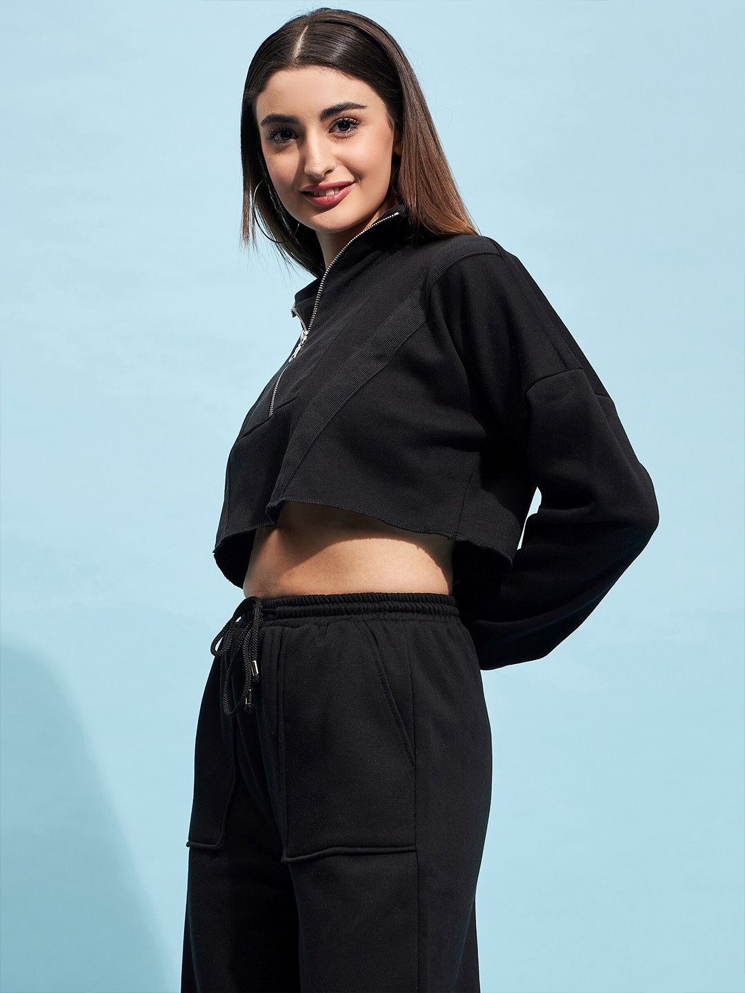 STREET 9 Black Mock Collar Pure Cotton Crop Sweatshirt