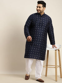 SOJANYA PLUS Men Navy Blue & Silver Jacquard Silk Woven Design Straight Kurta