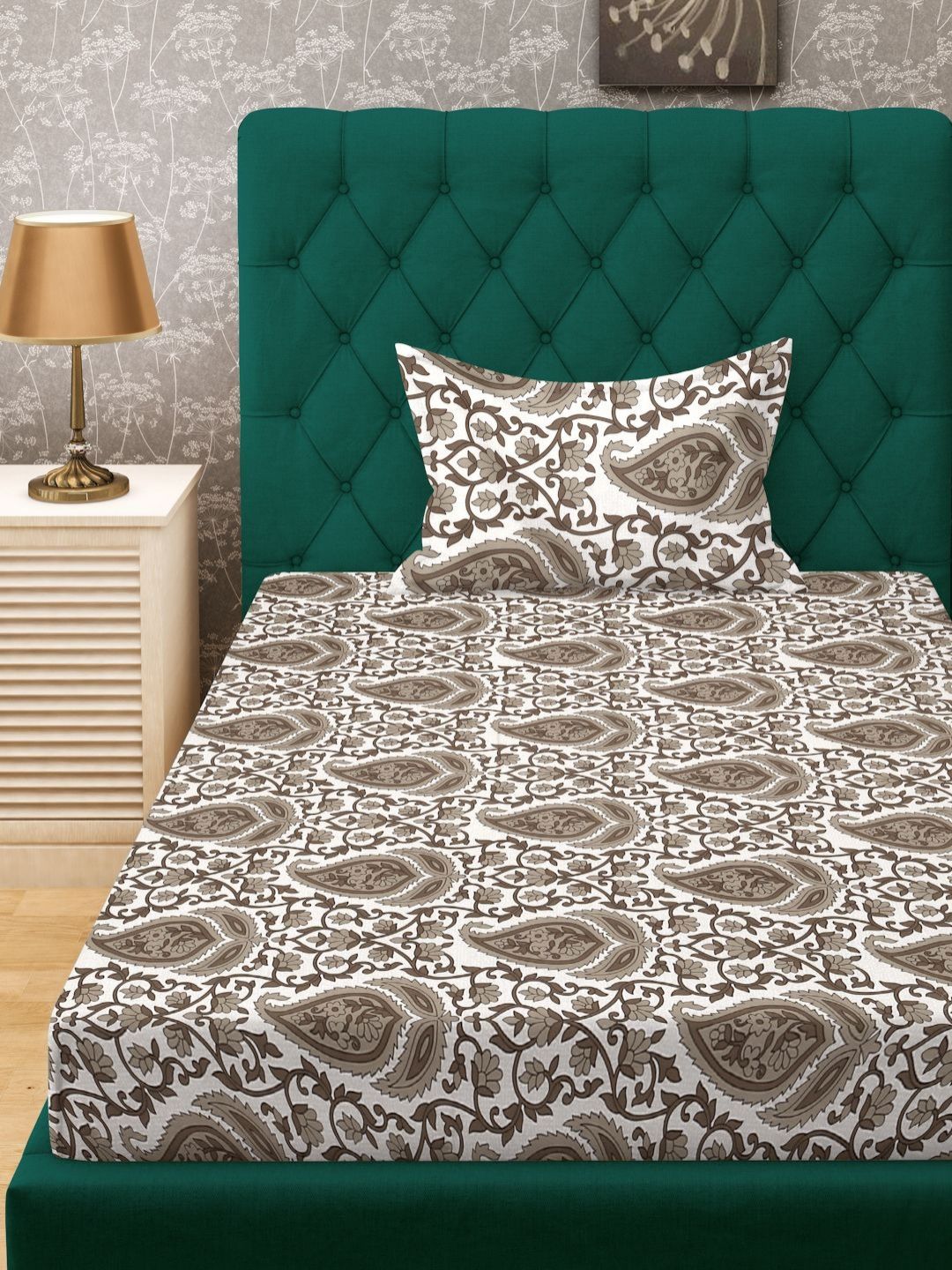 Myntra Elegant Homes Beige Floral Cotton 300 TC Single Cadar Superfine dengan Sarung Bantal-89 x 59 inci