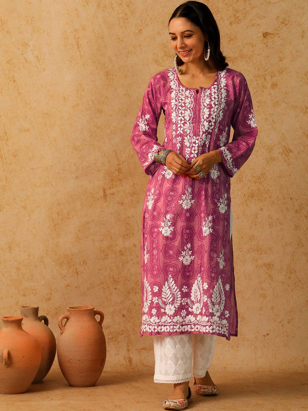 Rumah Wanita Chikankari Pink Mulmul Chikankari Sulam Kurta