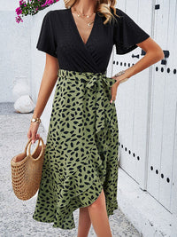 all about you Animal Print V-Neck Flared Sleeves Gathered Slip Slit Wrap Dress