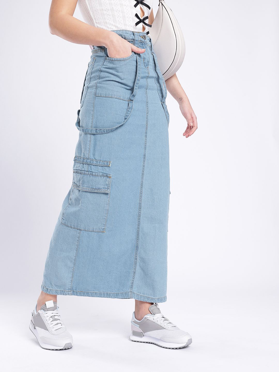 DressBerry Women Cool Edge Cargo Denim Maxi Skirt