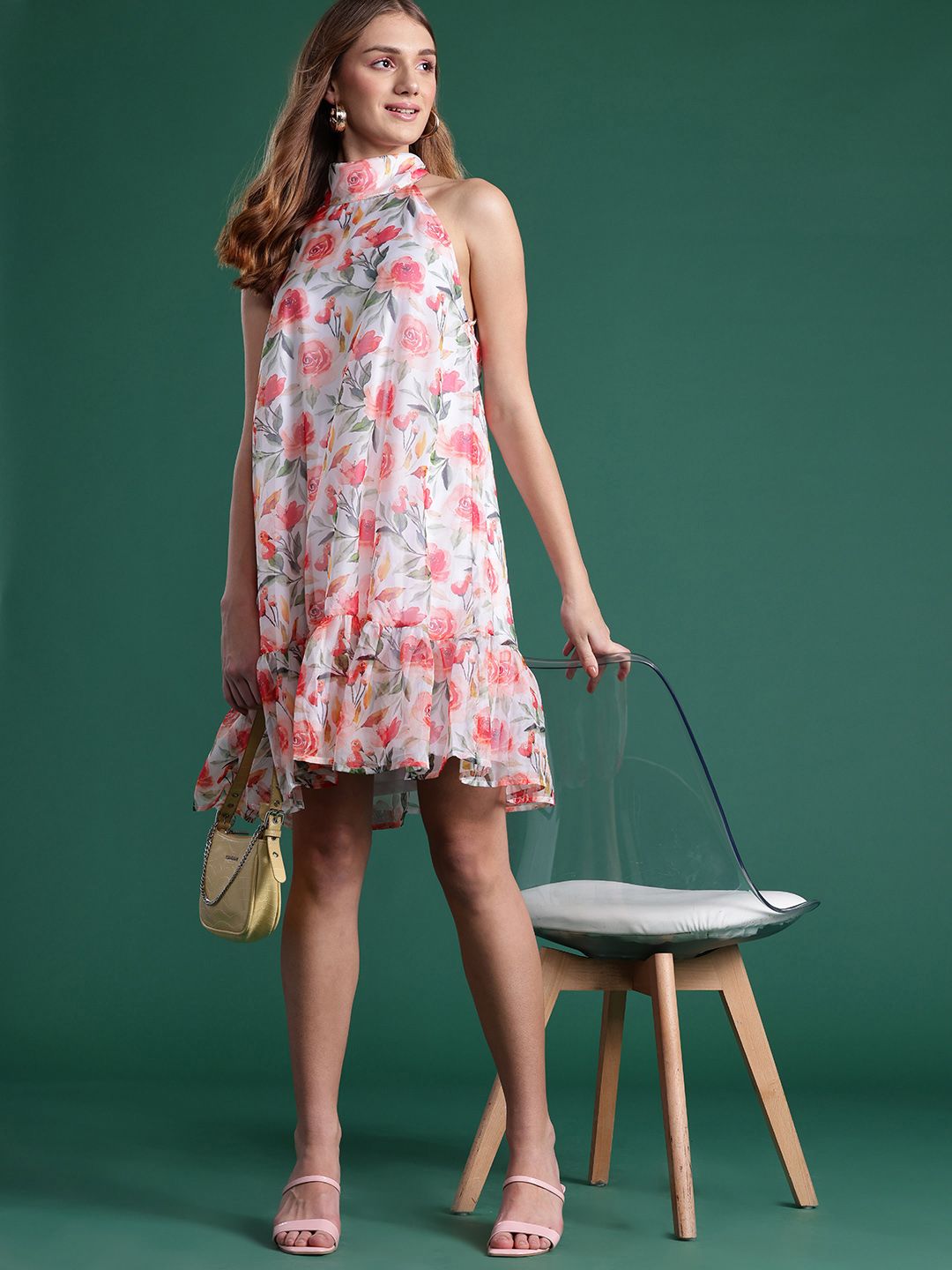 DressBerry Floral Print Halter Neck A-Line Mini Dress