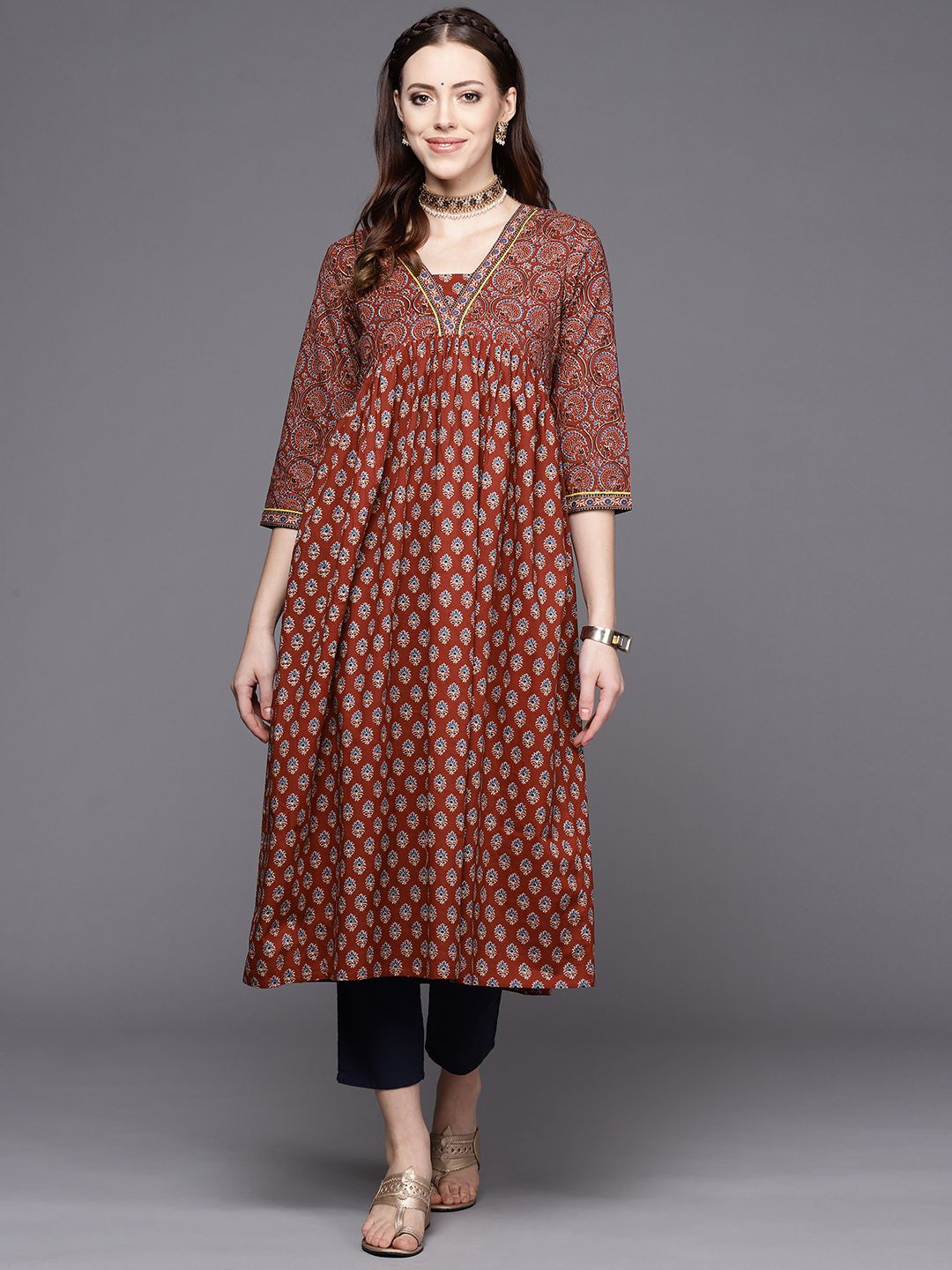 Varanga Women Maroon Alia cut Ethnic Jaipuri Printed A line Pure Cotton Kurta
