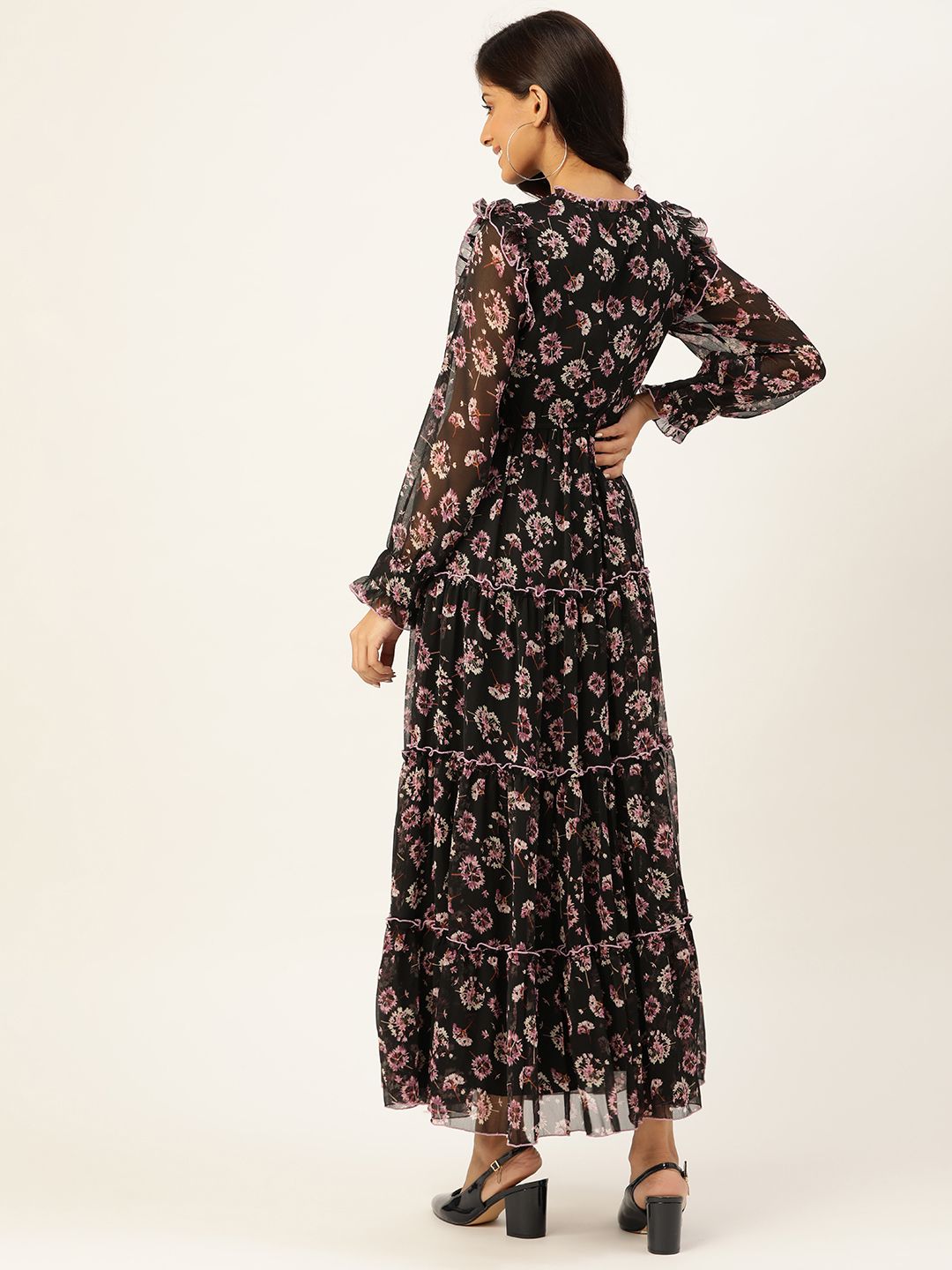 Antheaa Women Black & Lavender Floral Tie-Up Neck Maxi Dress