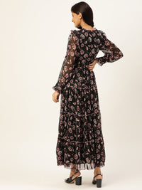 Antheaa Women Black & Lavender Floral Tie-Up Neck Maxi Dress