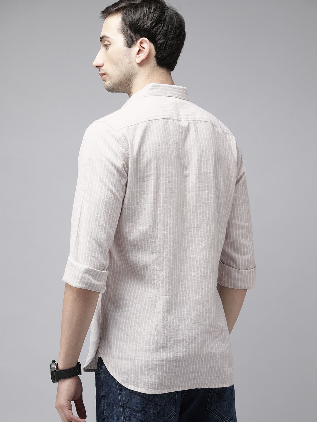 THE BEAR HOUSE Men Slim Fit Striped Cotton-Linen Casual Shirt