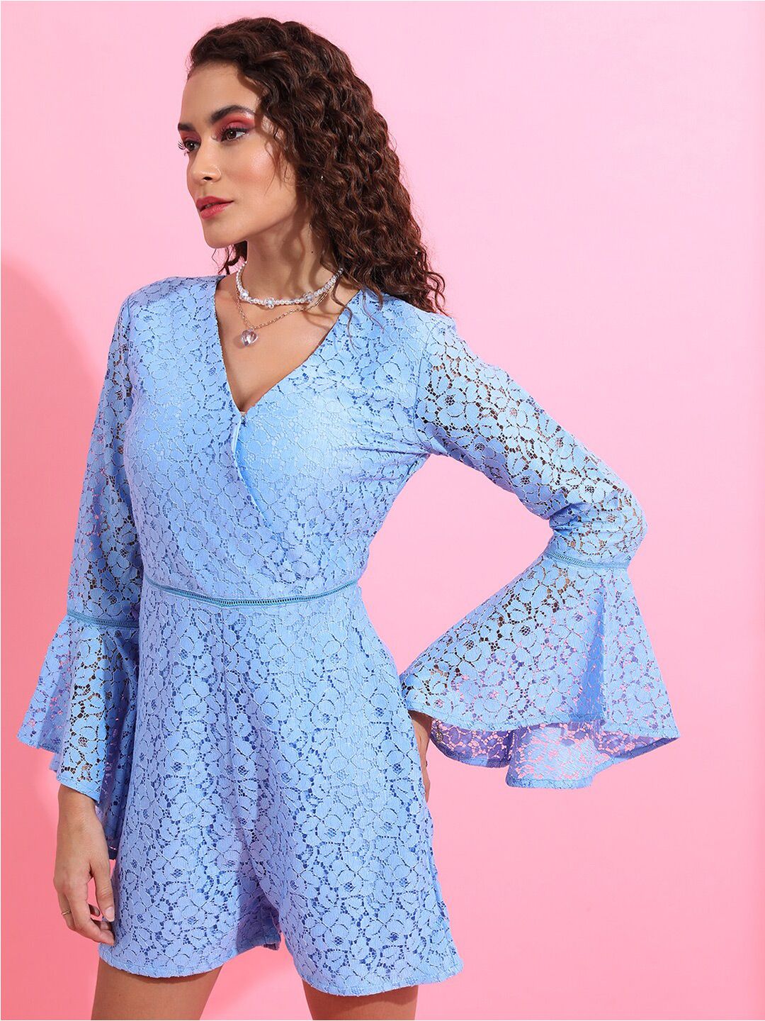 Tokyo Talkies Blue Self Design V-Neck Playsuit