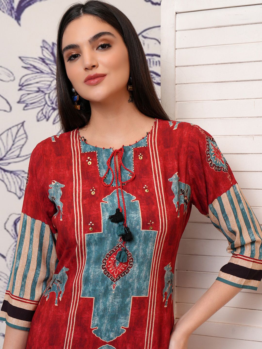 Vishudh Ethnic Motifs Printed Tie-Up Neck Sequinned Straight Kurta with Trousers