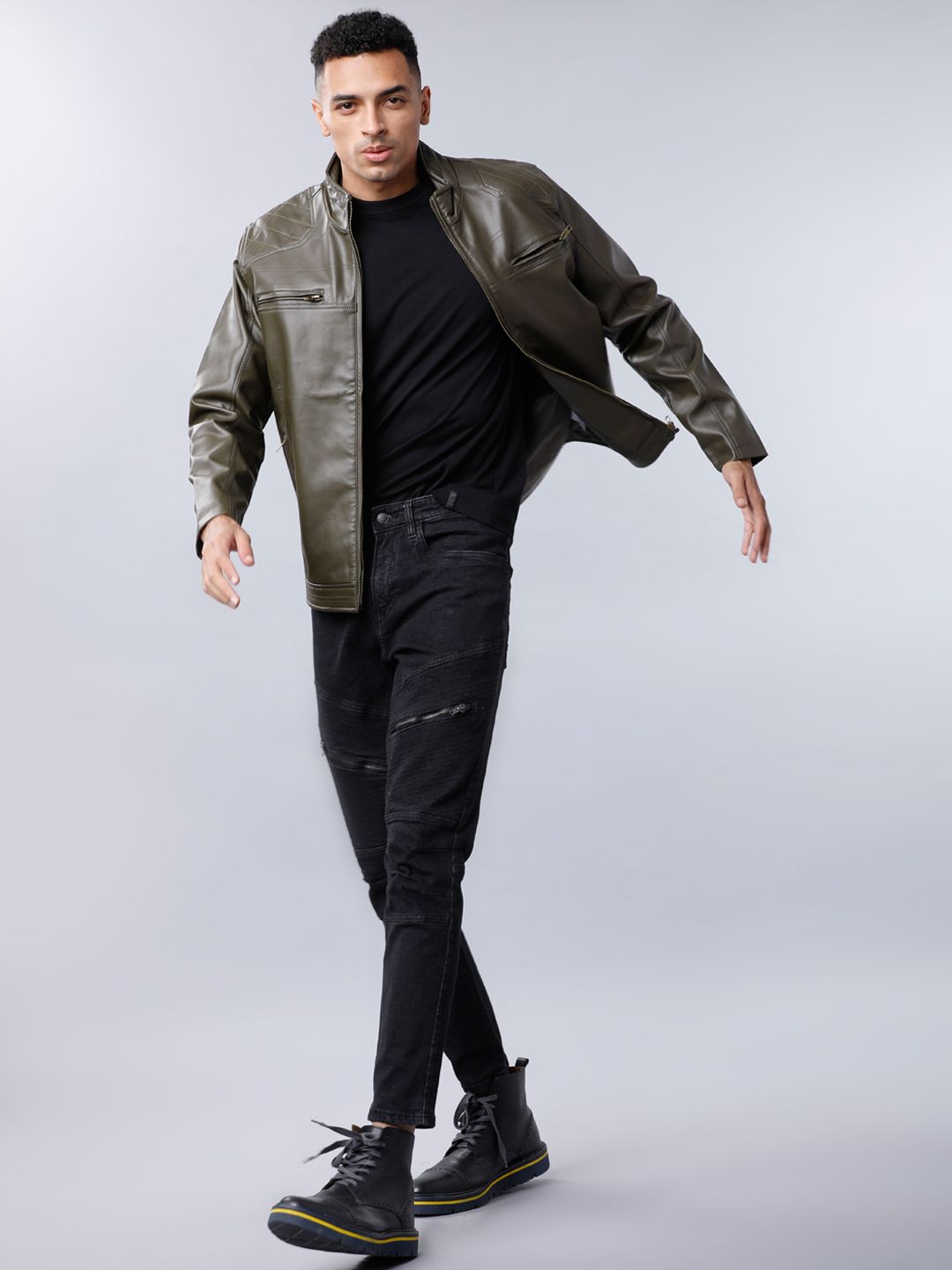 HIGHLANDER Men Olive Green Solid Biker Jacket