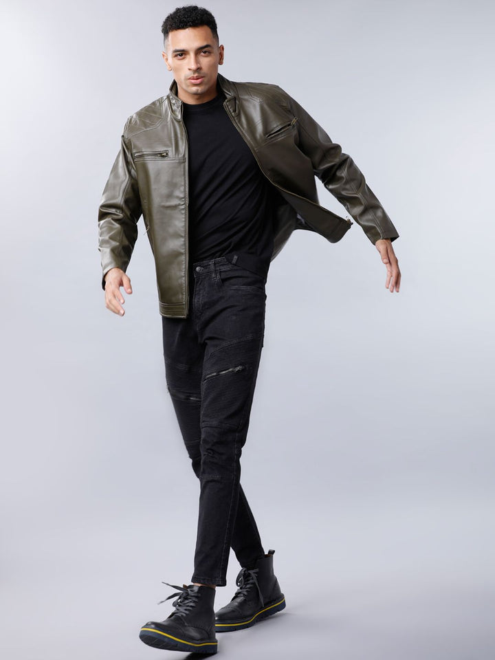 HIGHLANDER Men Olive Green Solid Biker Jacket