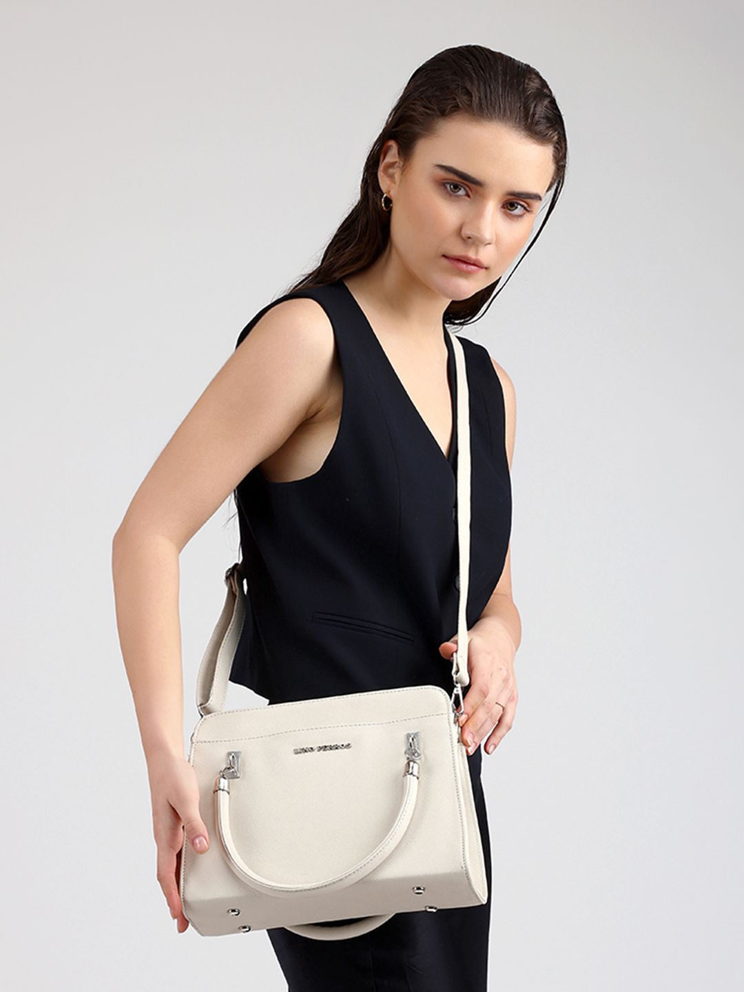 Lino Perros Off-White Solid Handheld Bag with Detachable Sling Strap