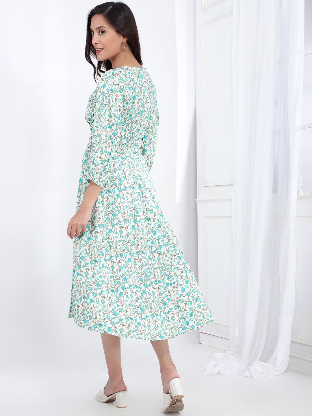 Bani Women Floral Printed V-Neck Smocked A-Line Midi Dress