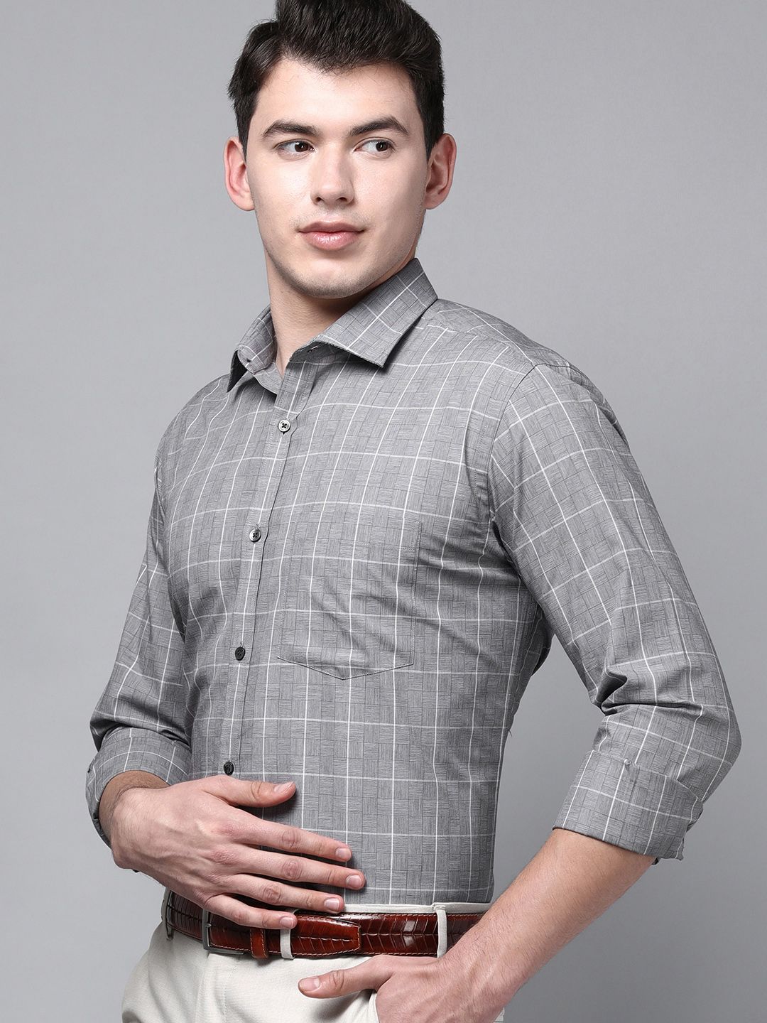 Park Avenue Men Grey Slim Fit Checked Pure Cotton Formal Shirt