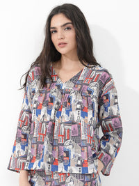 Rareism Conversational Printed V Neck Cotton Empire Top
