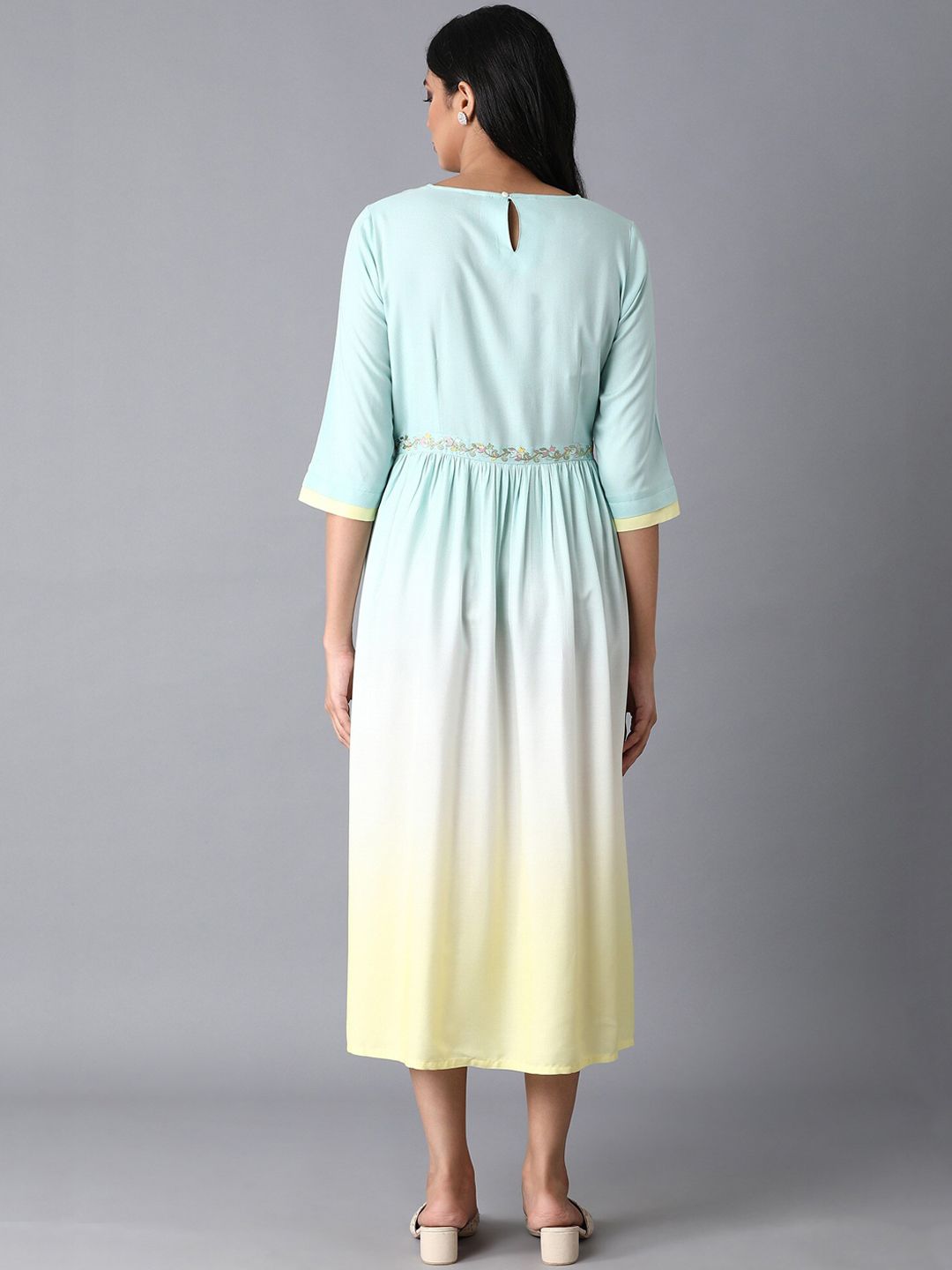 W Women Blue & Yellow Colourblocked Empire Dress
