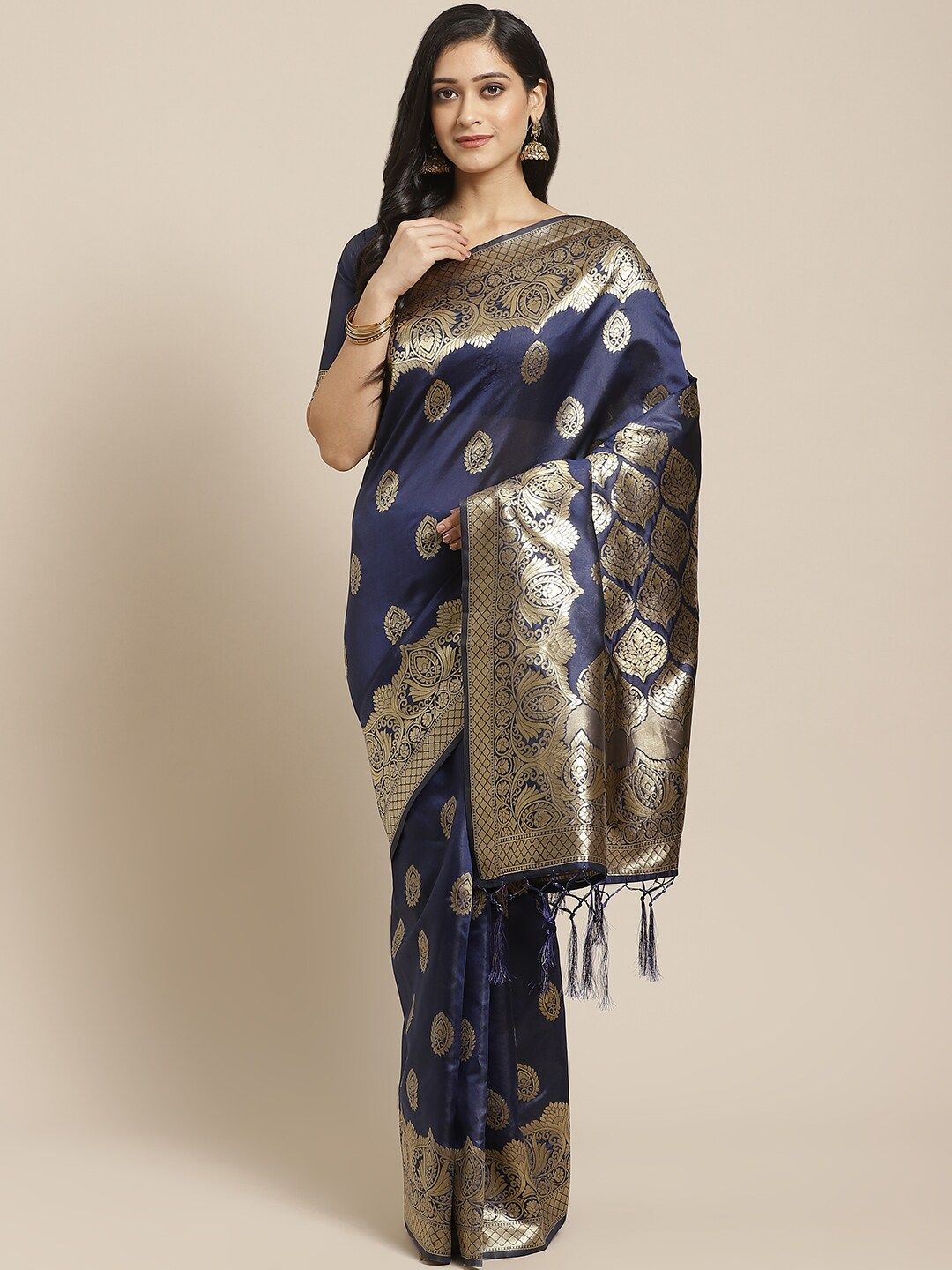 Saree mall Navy Blue & Gold-Toned Woven Design Zari Silk Blend Heavy Work Banarasi Sarees