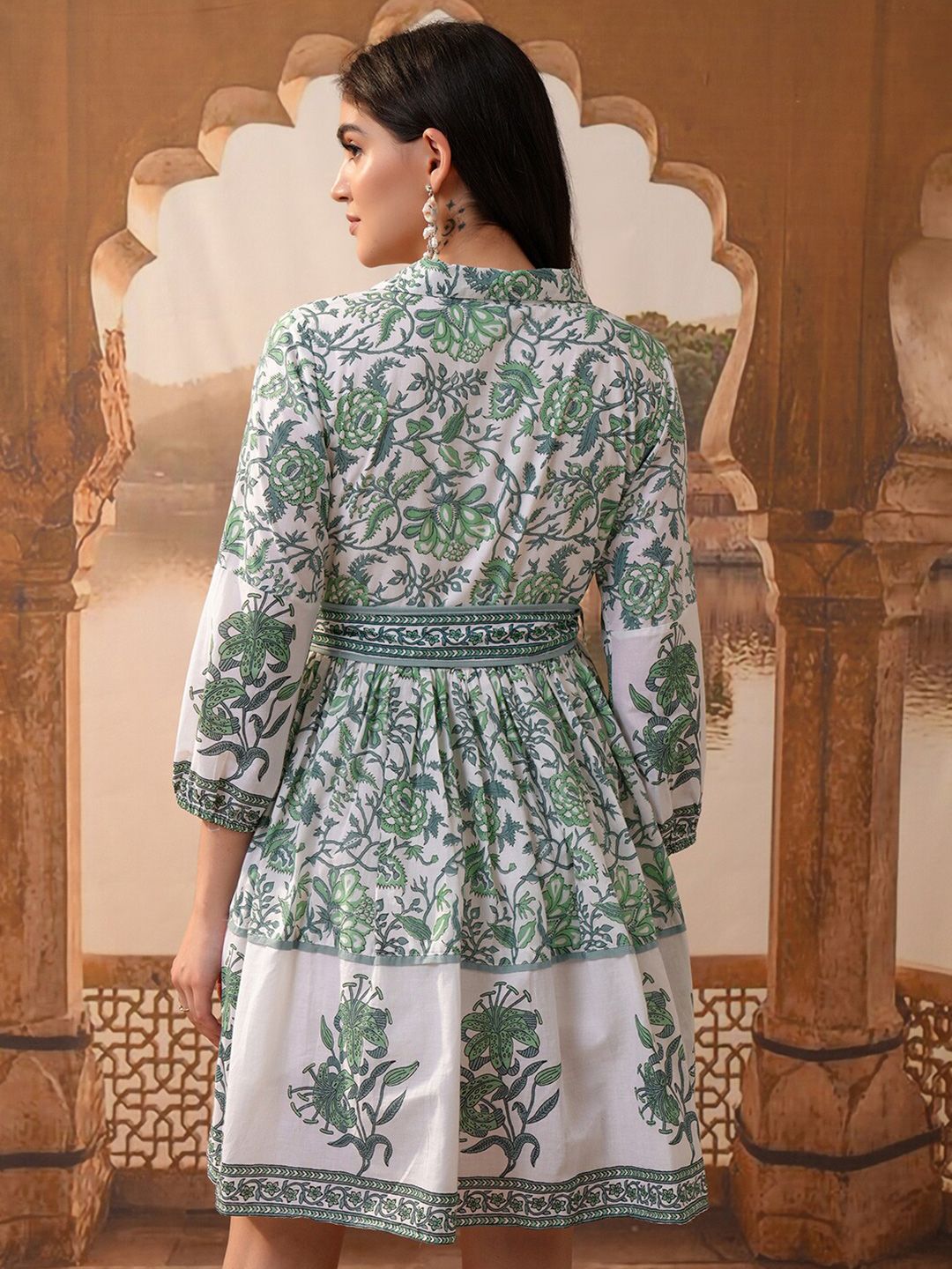 Vishudh Ethnic Motifs Printed Puff Sleeves Fit & Flare Dress