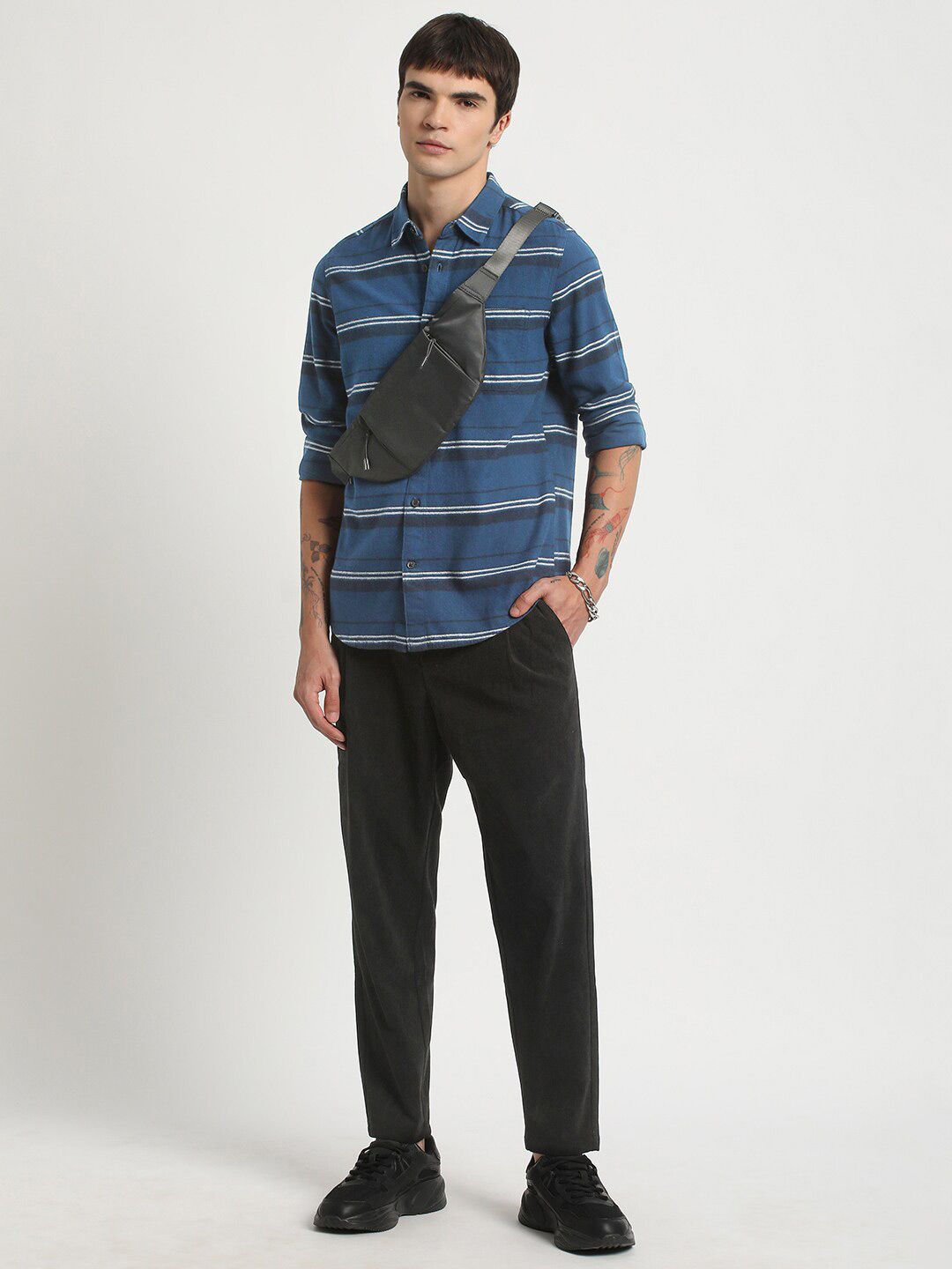 THE BEAR HOUSE Slim Fit Horizontal Striped Flannel Weave Pure Cotton Casual Shirt