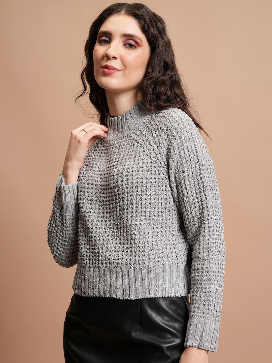 Tokyo Talkies Grey Self Design Turtle Neck Acrylic Pullover