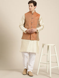 SOJANYA Men Cream-Coloured Striped Thread Work Straight Kurta Churidar with Nehru Jacket