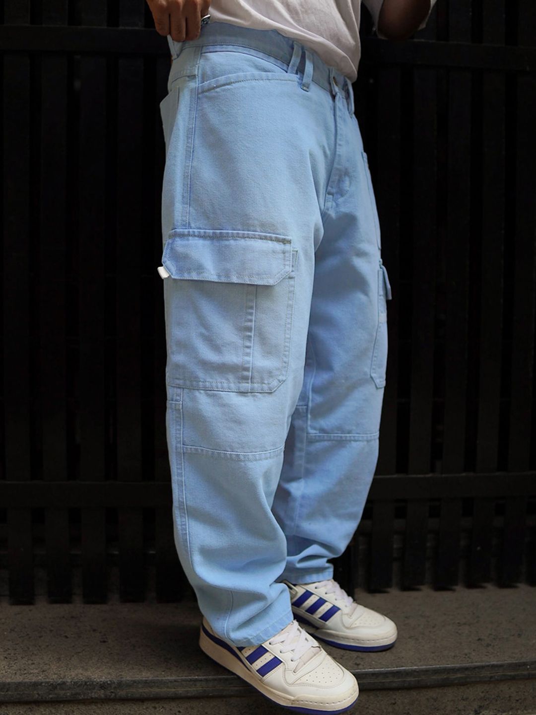Powerlook Men Clean Look Boyfriend Fit Light Fade Cotton Denim Baggy Fit Cargo Jeans