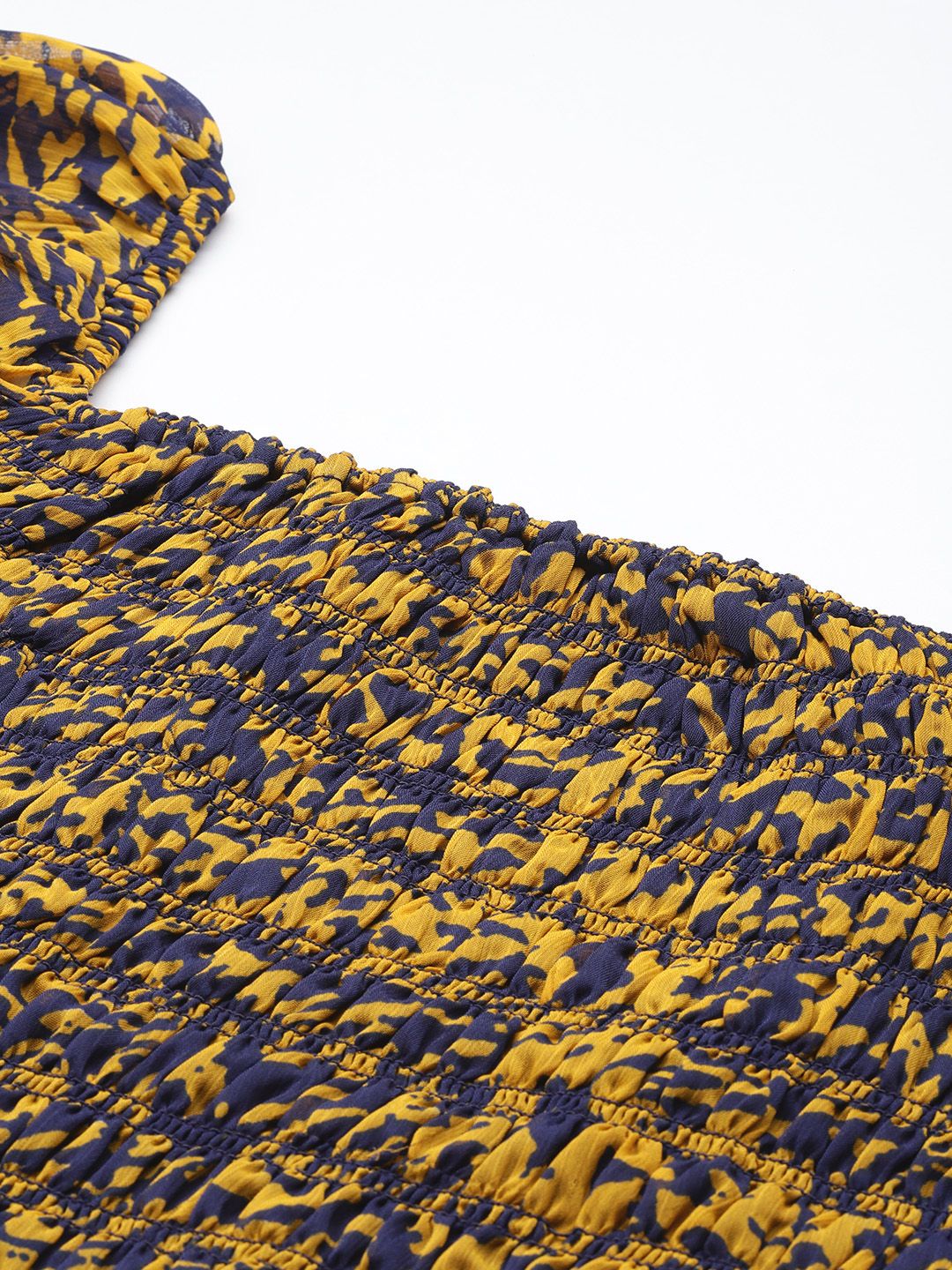Antheaa Women Navy Blue & Mustard Yellow Abstract Print Bishop Sleeves Smocked Crop Top