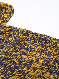 Antheaa Women Navy Blue & Mustard Yellow Abstract Print Bishop Sleeves Smocked Crop Top