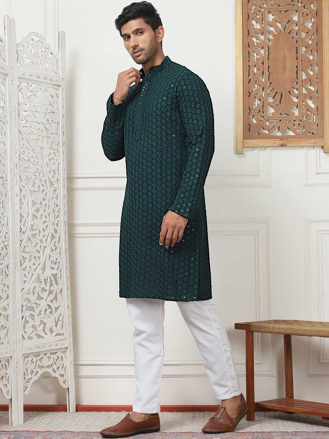 Anouk Green & White Ethnic Motif Embroidered Band Collar Sequinned Kurta With Pyjamas