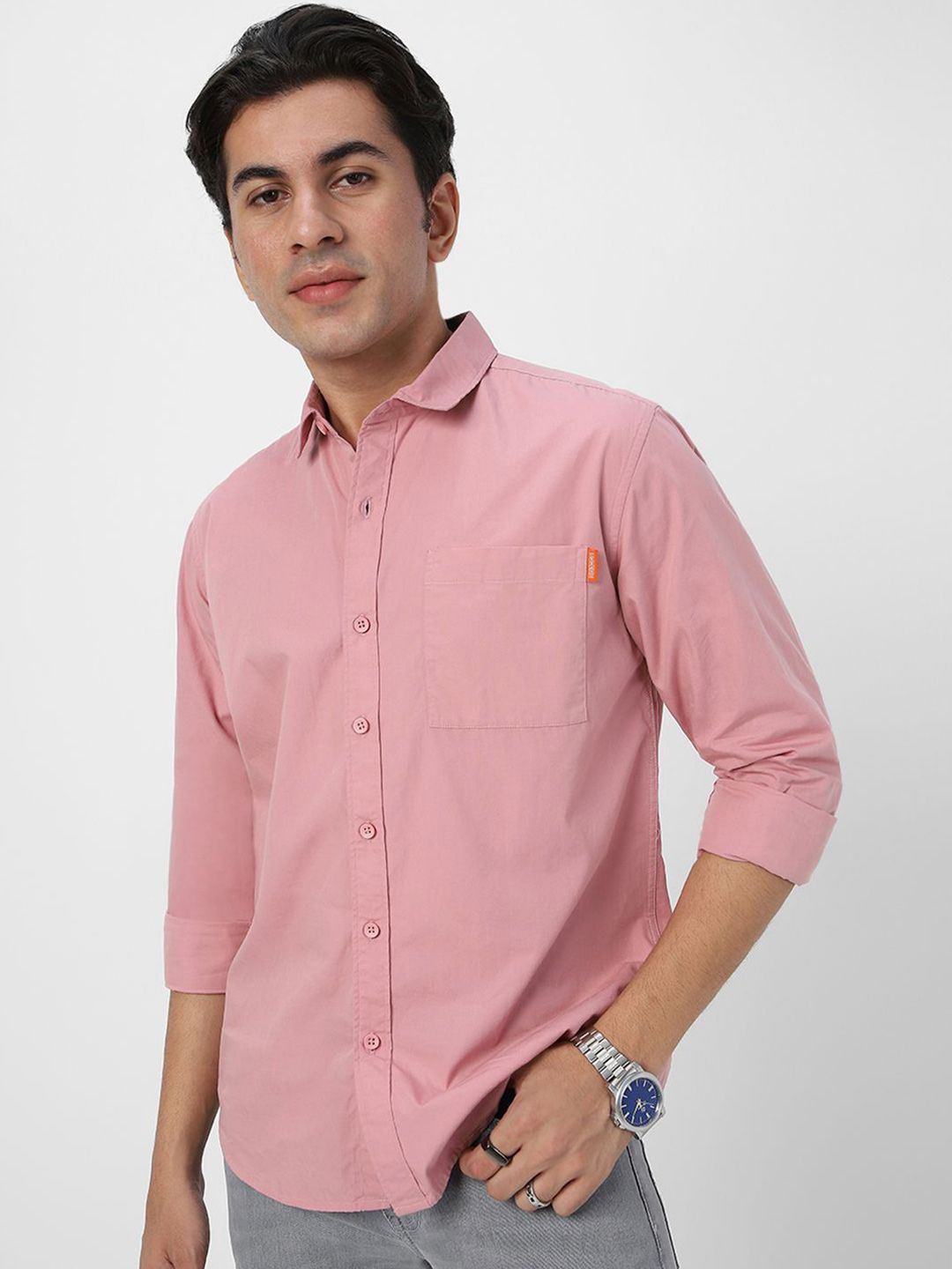 Urbano Fashion Men Spread Collar Solid Cotton Casual Shirt