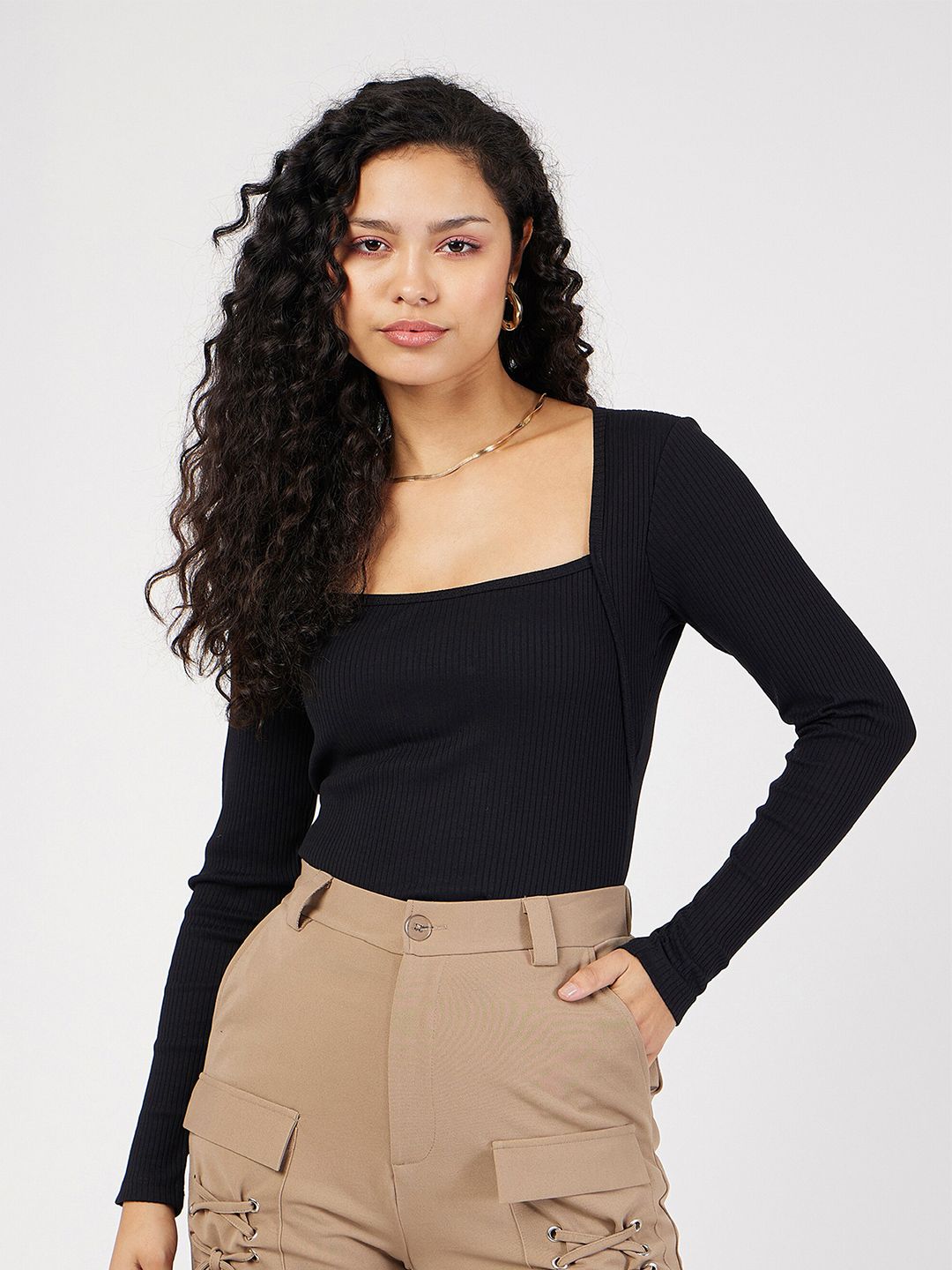 SASSAFRAS Black Ribbed Square Neck Fitted Top
