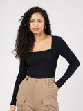 SASSAFRAS Black Ribbed Square Neck Fitted Top