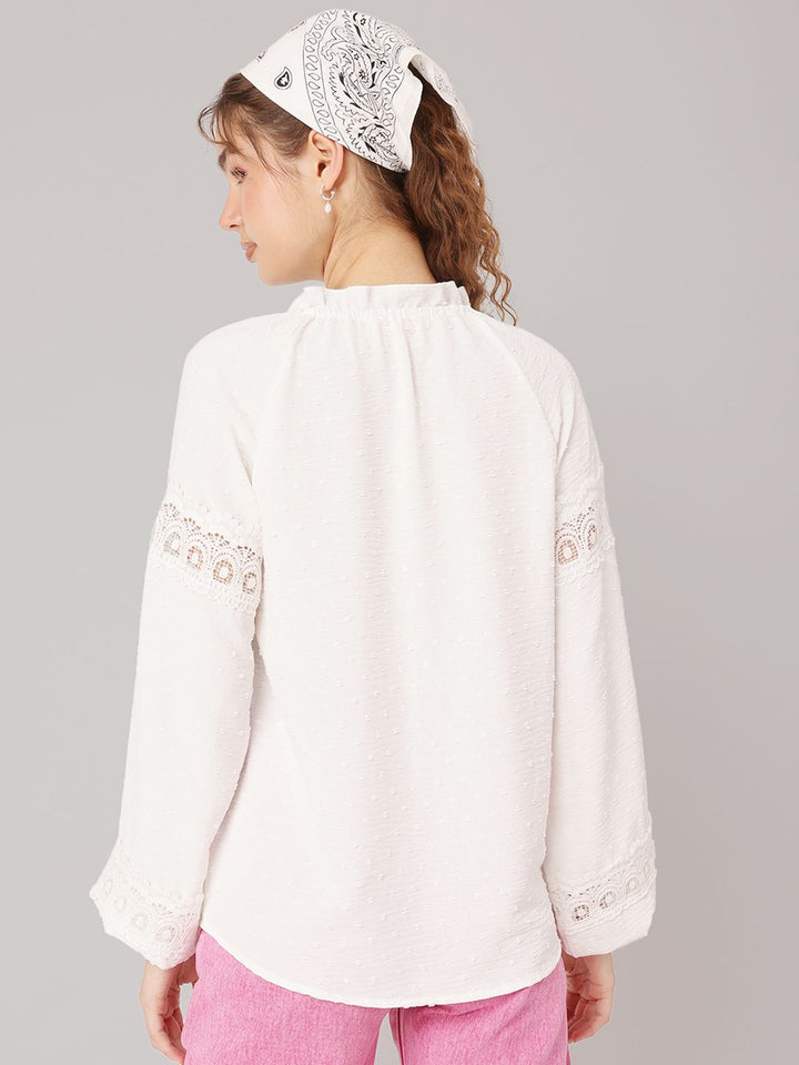 DressBerry Lace Tempt Tie-Up Neck Dobby Weave Top
