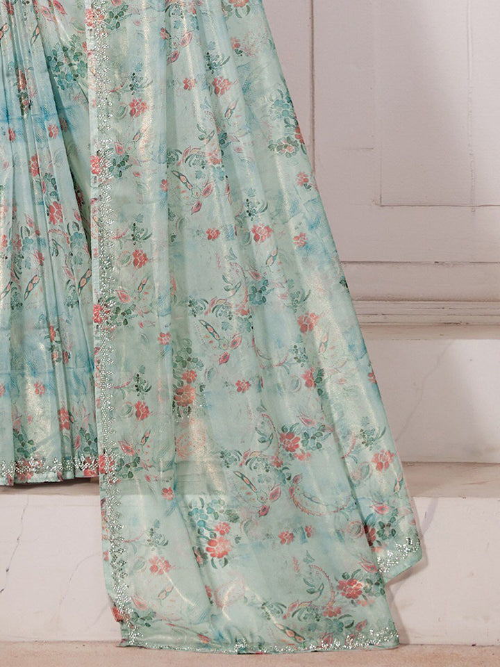 Saree mall Floral Printed Beads & Stones Organza Saree