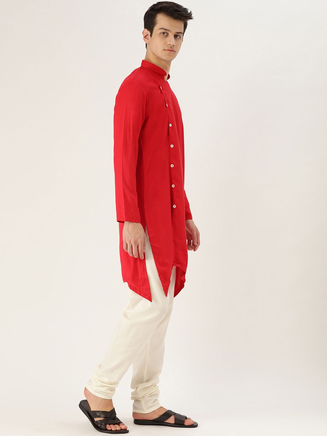 SOJANYA Men Red Solid Straight Asymmetric Kurta