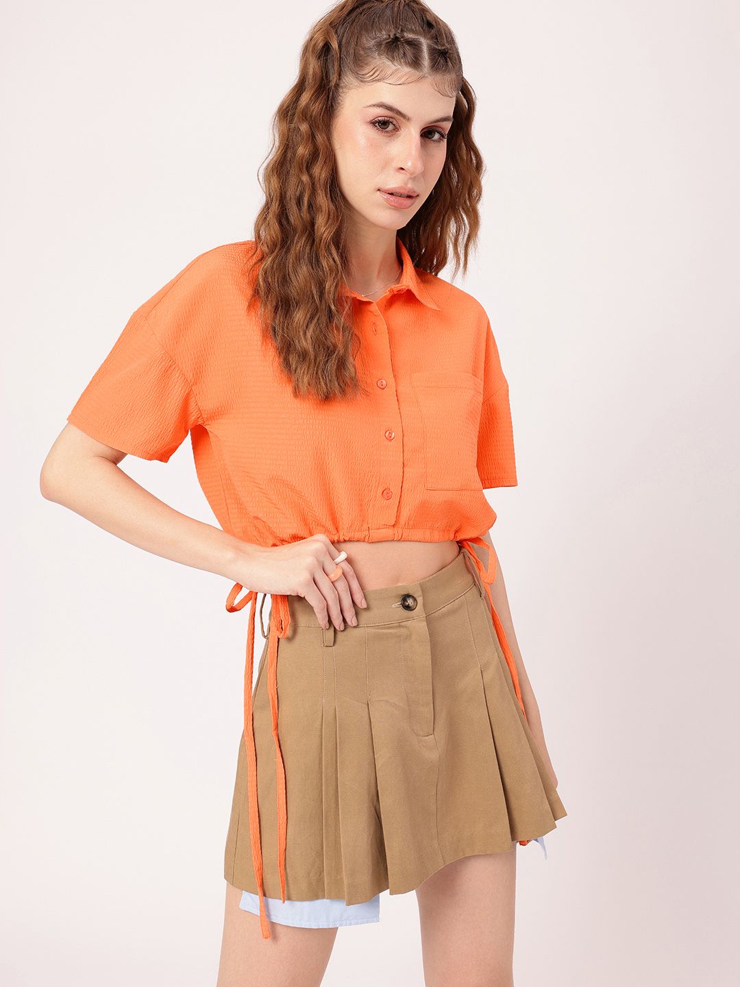 DressBerry Splash Of Orange Seersucker Shirt Style Crop Top