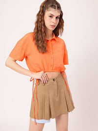 DressBerry Splash Of Orange Seersucker Shirt Style Crop Top