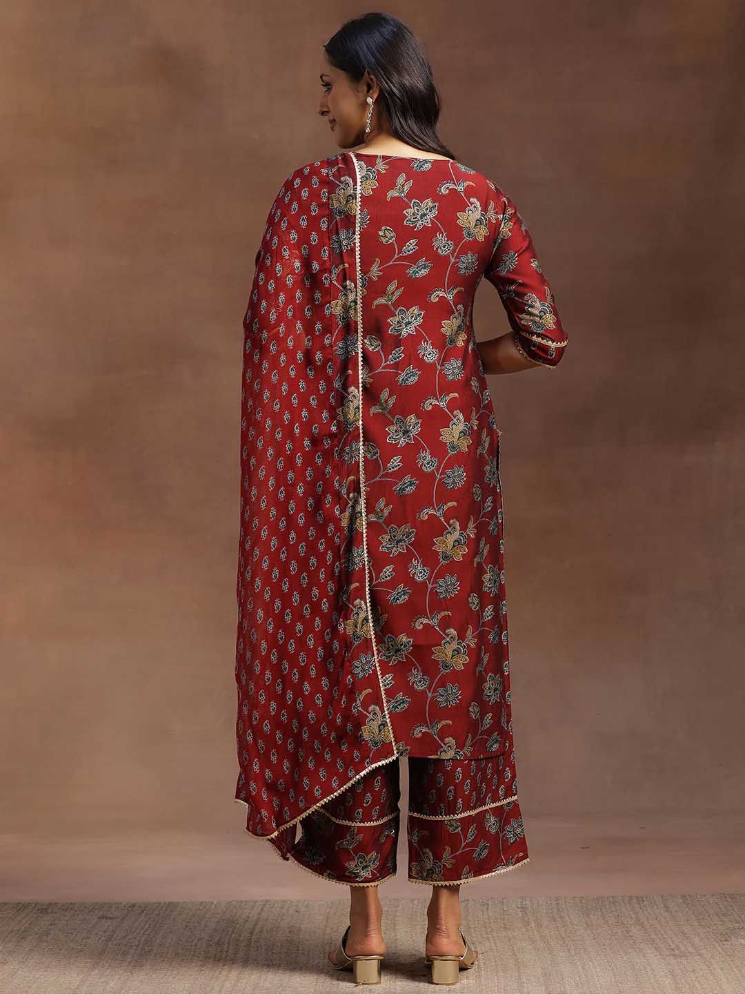 Libas Women Maroon & Green Floral Print Kurta with Palazzos & Dupatta