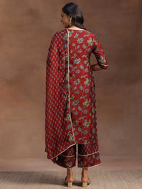 Libas Women Maroon & Green Floral Print Kurta with Palazzos & Dupatta