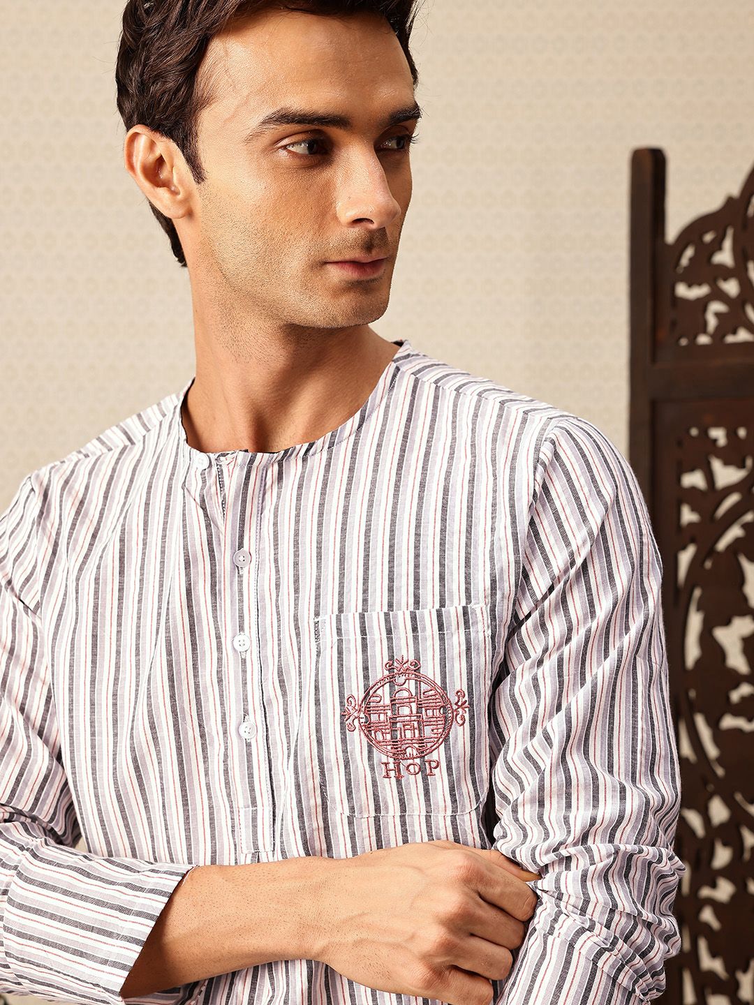 House of Pataudi Striped Thread Work Detail Rozana Kurta