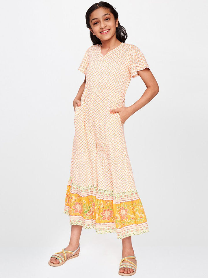 Global Desi Girls Off-White & Yellow Printed Basic Jumpsuit
