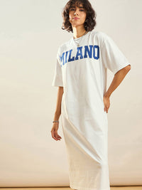 SASSAFRAS White Typographic Printed Pure Cotton Oversized T-shirt Dress