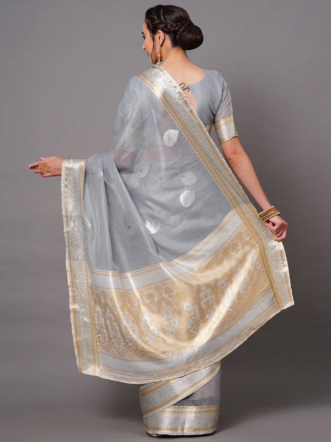 Saree mall Grey & Gold-Toned Woven Design Silk Blend Banarasi Sarees