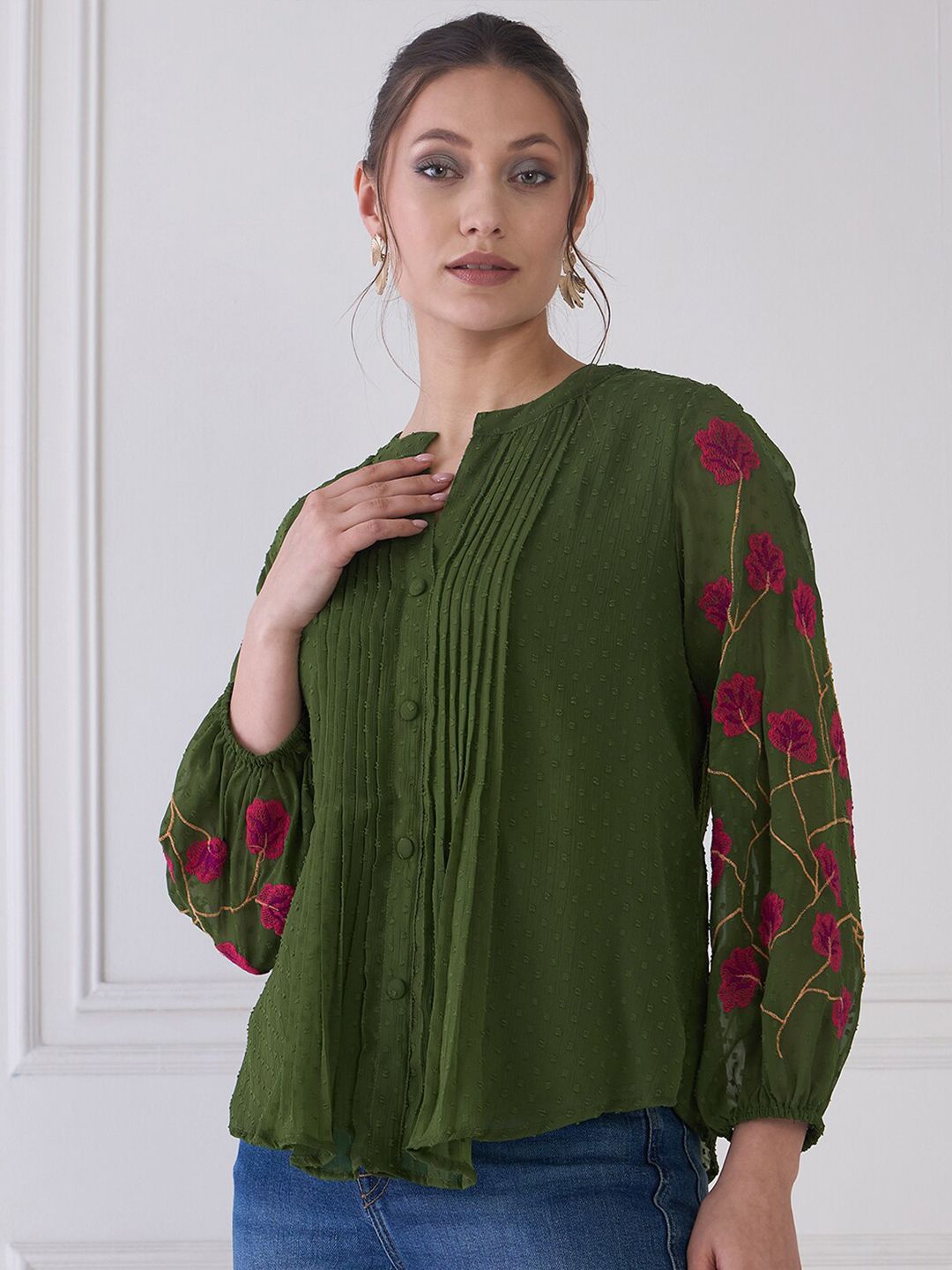 Antheaa Green Self Design Mandarin Collar Puff Sleeves Embroidered Chiffon Shirt Style Top