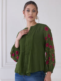 Antheaa Green Self Design Mandarin Collar Puff Sleeves Embroidered Chiffon Shirt Style Top