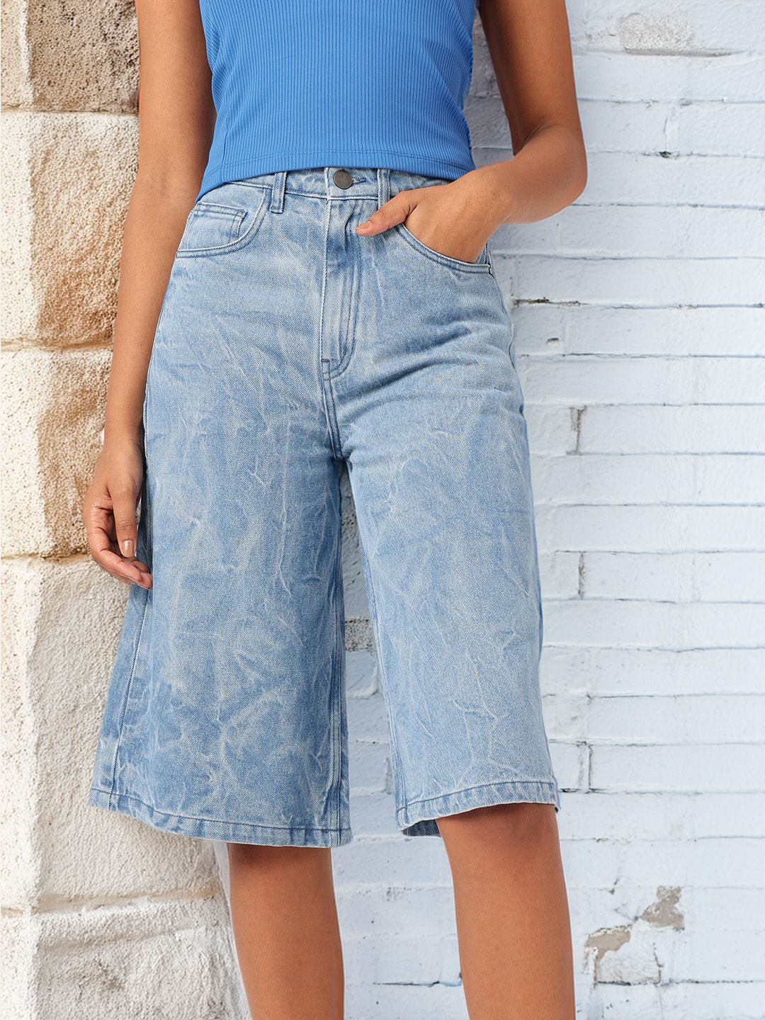 DressBerry Women Urban Street Crinkle Effect Washed Knee Length High Rise Denim Shorts