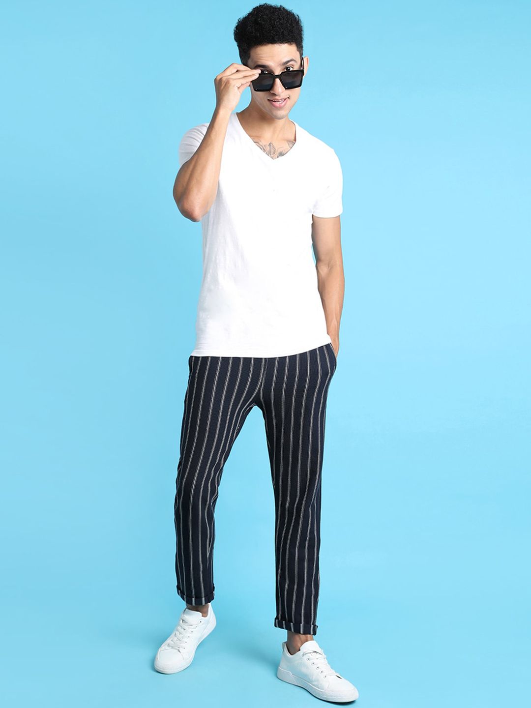Campus Sutra Men Navy Blue Striped Printed Track Pants