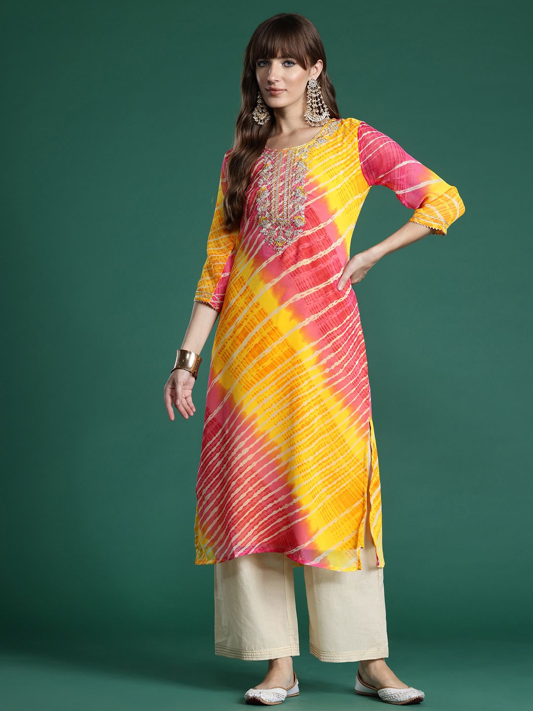 Indo Era Leheriya Embroidered Georgette Kurta