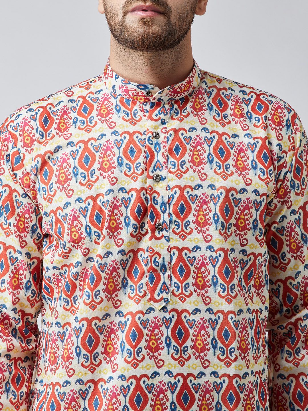 SOJANYA Men Off-White & Red Printed Straight Kurta