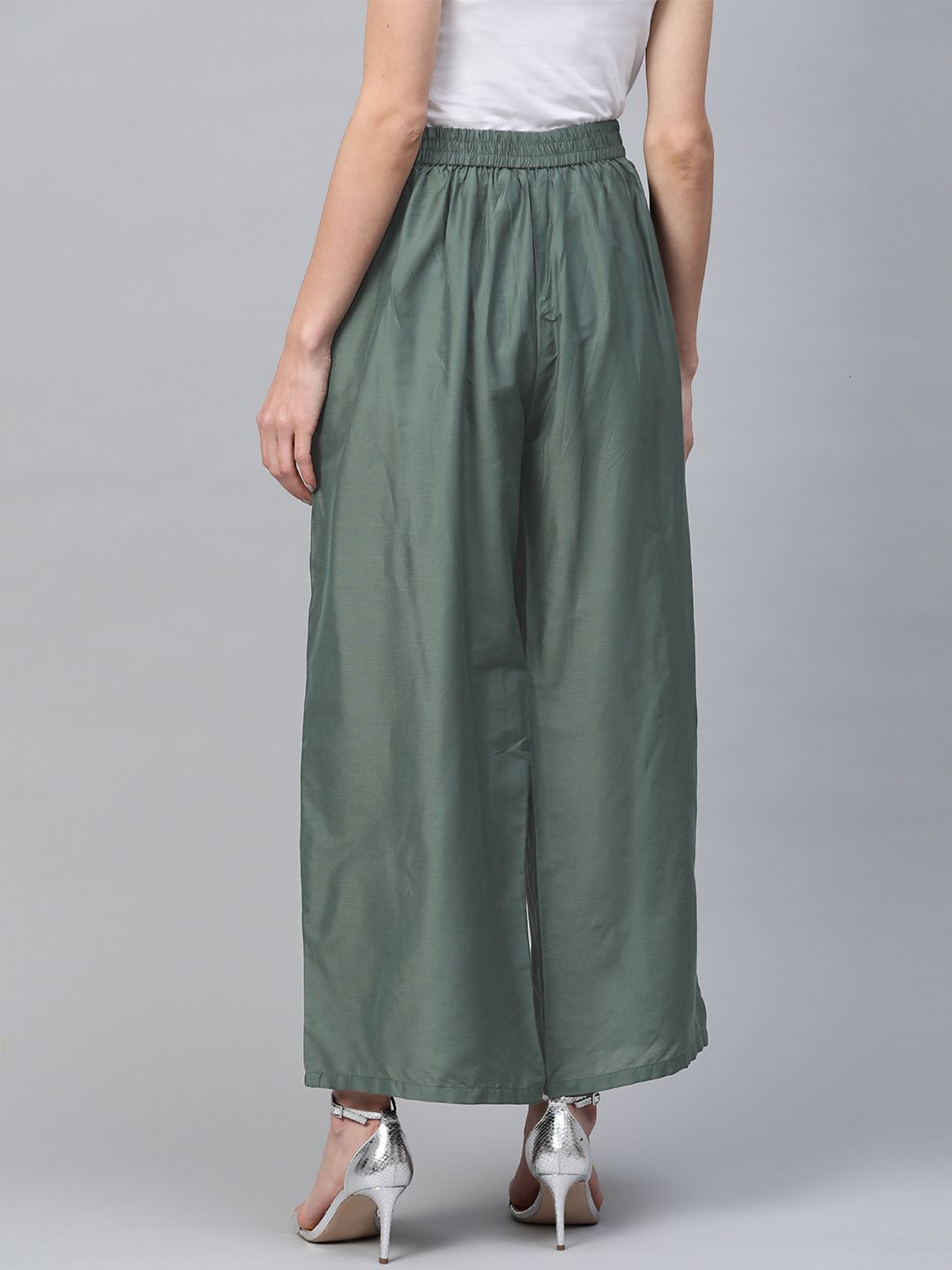 W Women Green Solid Straight Palazzos